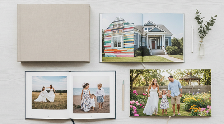 Different photo book themes like travel journals, wedding albums.