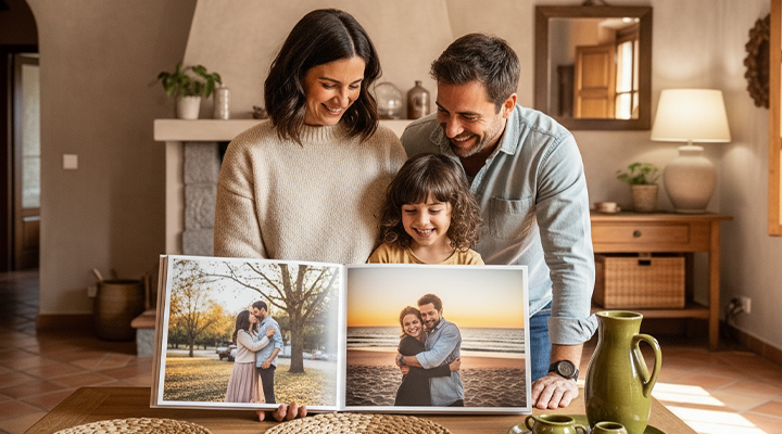 Happy family enjoying personalised photo book.