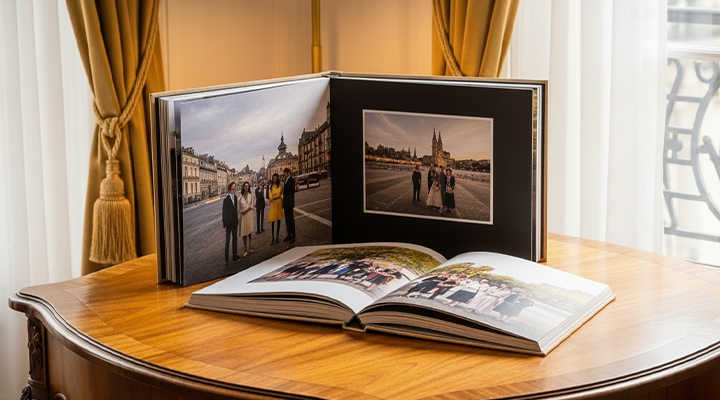 Layflat photo book and hardcover photo book on display.