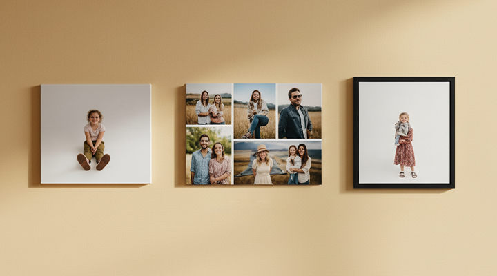 A lineup of different canvas print types, stretched canvas print, collage canvas and framed prints.