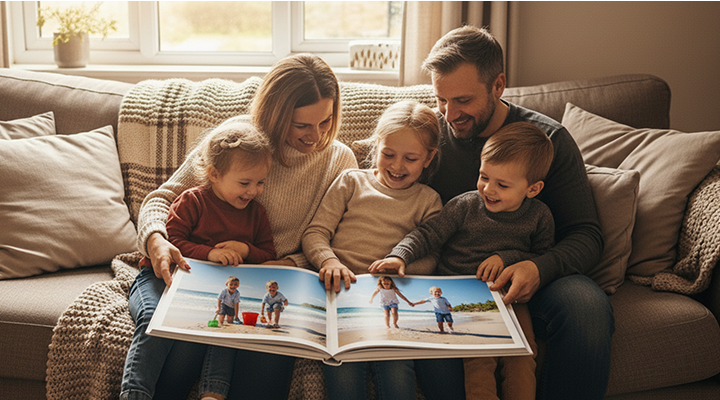 Happy family enjoying family themed hardcover photo book.