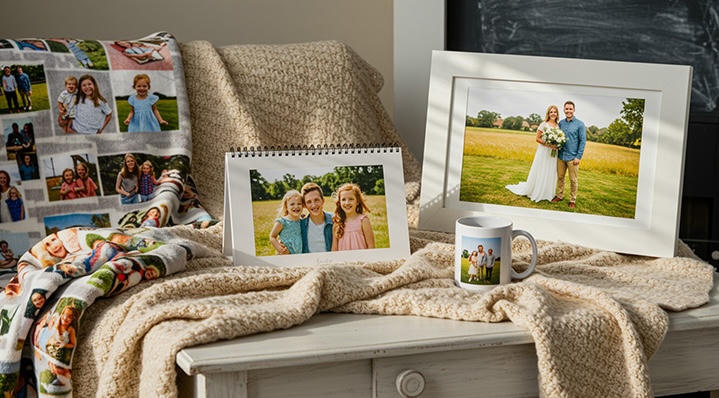 Collection of photo gifts, mugs, framed prints & blankets.