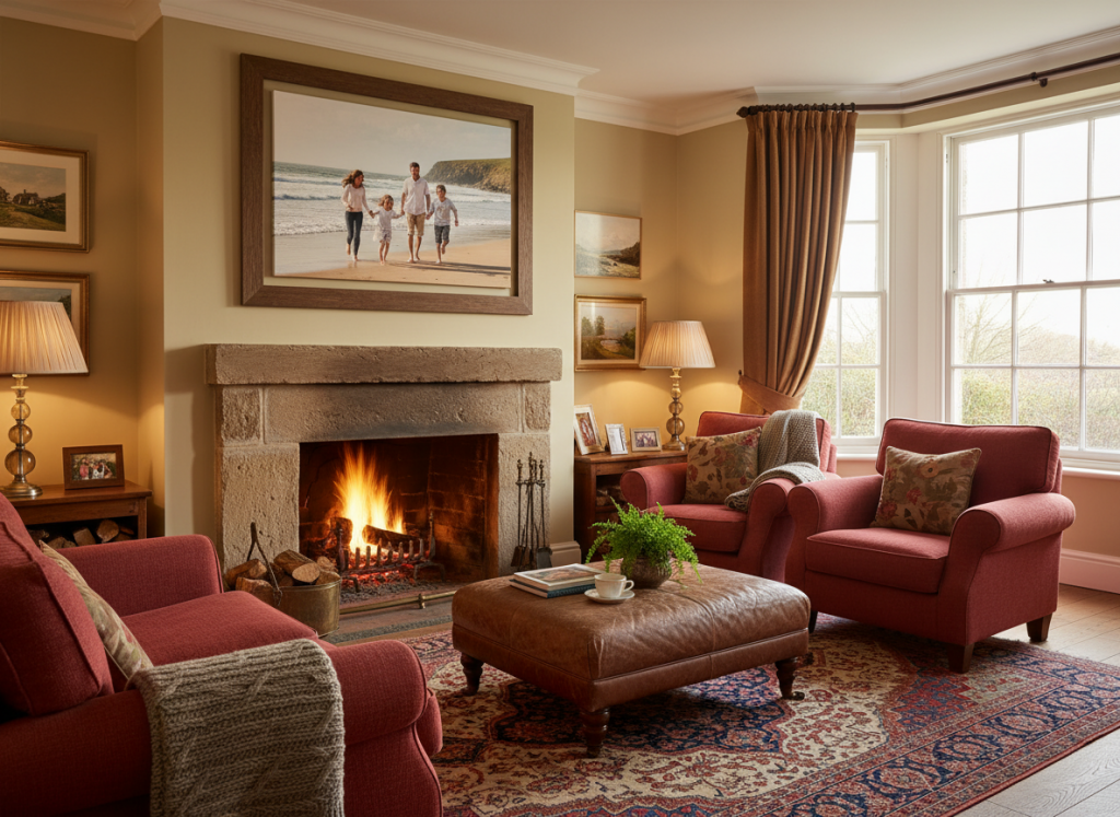 Floating photo frame of a family holiday placed in living room.