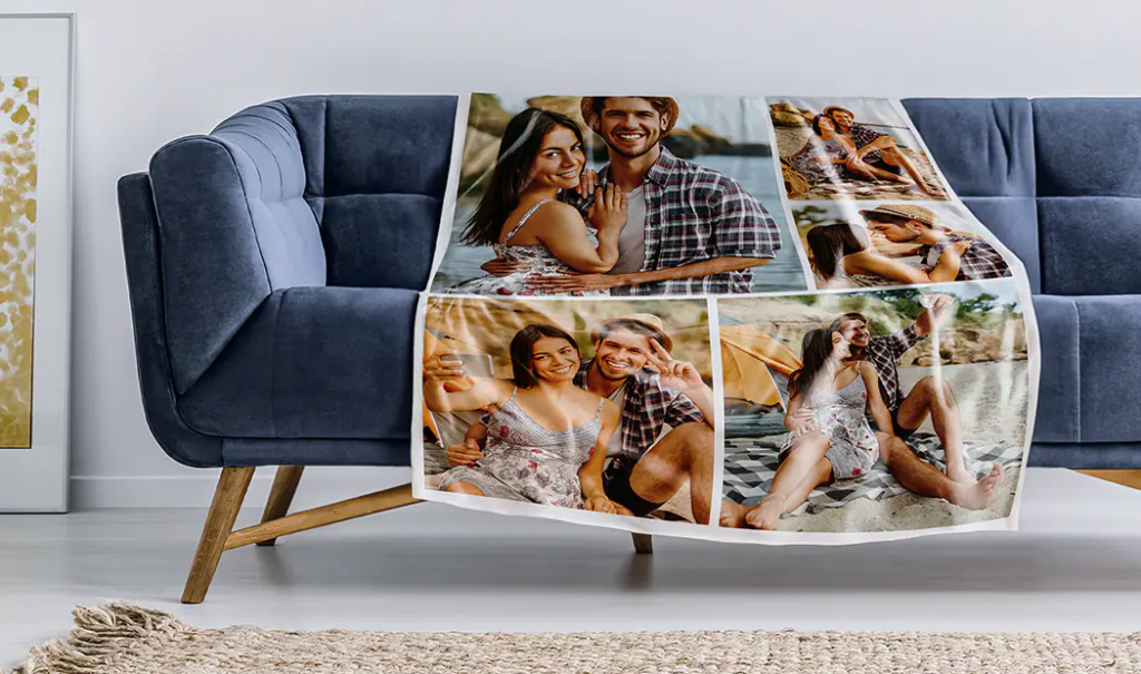 A beautiful collage fleece blanket of travelling couple.