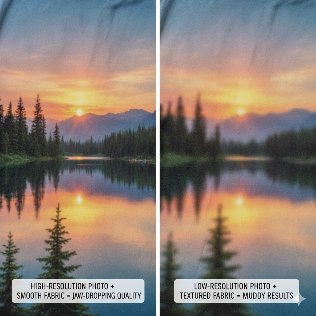 A split image comparison showing the difference between a high-resolution photo on smooth fabric and a low-resolution photo on textured fabric.