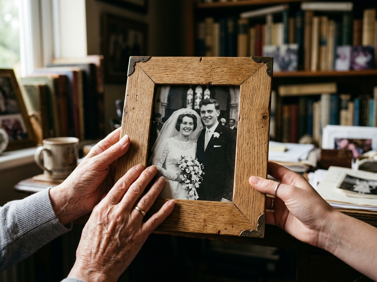 A close-up, detailed shot of a pair of hands, one older and one younger, carefully holding a beautiful oak photo frame. The background suggests a cosy, slightly cluttered British study. Inside the frame is a classic black and white photo of a smiling couple on their wedding day in the 1960s. The focus is on the texture of the wood and the emotion conveyed by the hands and the image.