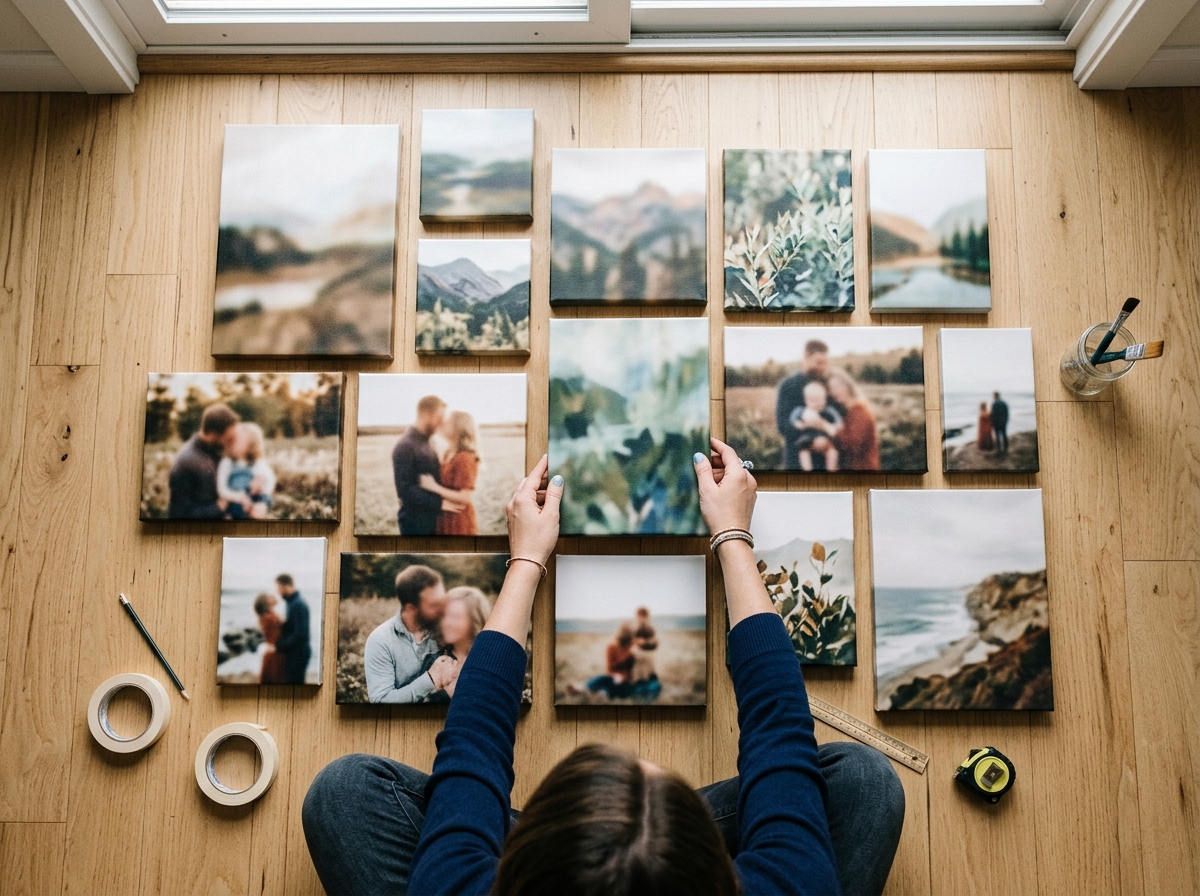 An overhead shot of a person's hands carefully laying out a gallery wall arrangement on a light wooden floor. There are several different sizes of canvas prints, showing abstract nature scenes and blurred family portraits. The mood is creative, thoughtful, and full of potential. No text is visible on any of the prints.