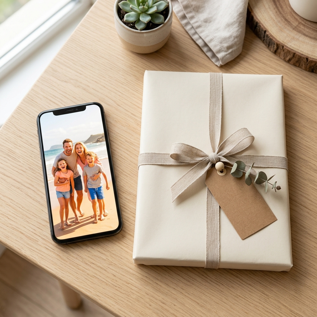 A clean, bright flat-lay composition. A modern smartphone displays a colourful family holiday photo. Next to it lies a beautifully wrapped canvas print of the same image, tied with a simple ribbon. The scene visually connects the digital memory to the tangible, thoughtfully prepared gift.