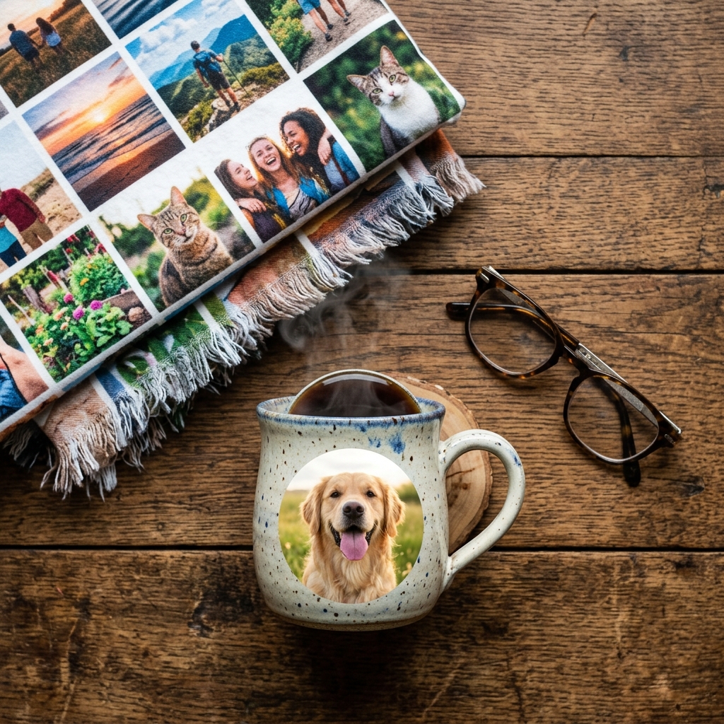 A cosy, top-down flat lay scene. A corner of a folded, colourful photo collage blanket sits on a rustic wooden surface next to a steaming ceramic mug. The mug also features a single, clear photograph of a happy dog. A pair of reading glasses rests nearby.