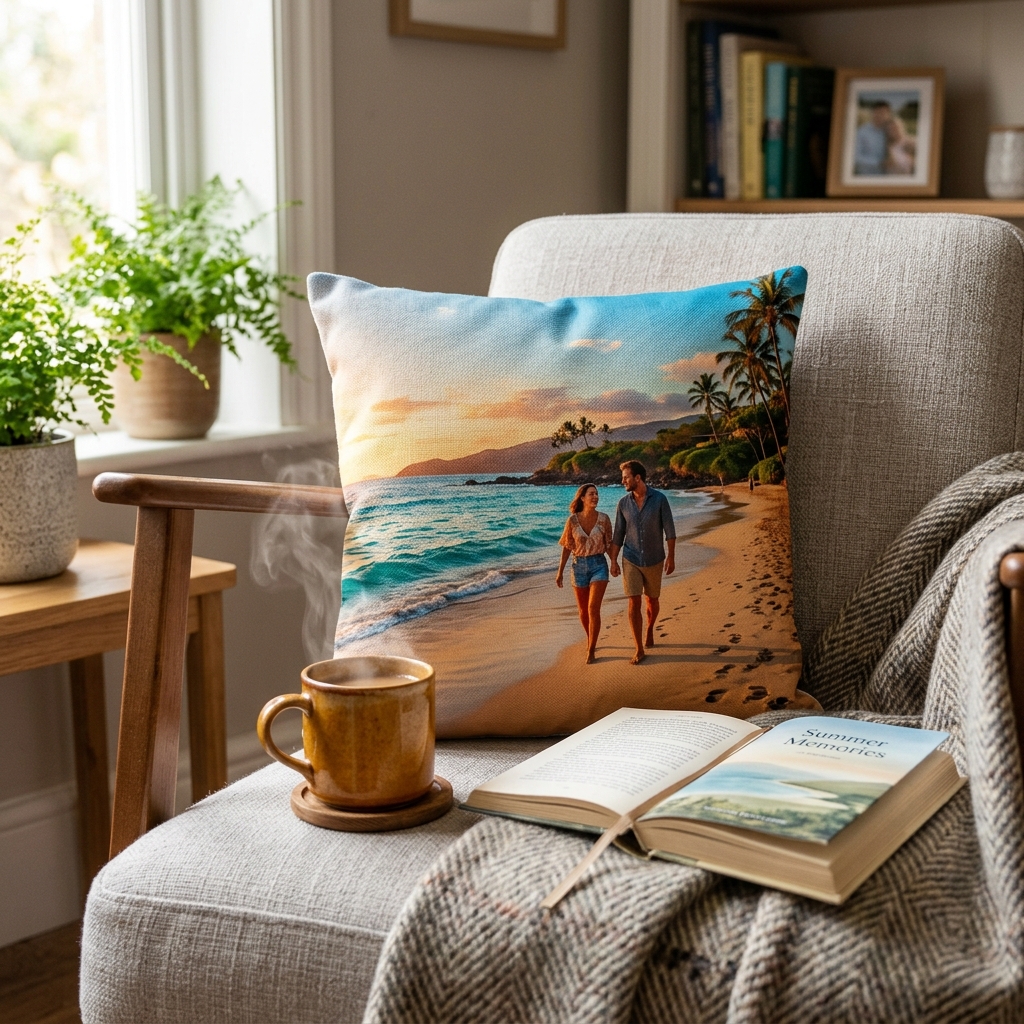 A lifestyle close-up shot of a photo cushion propped on a comfortable armchair. The cushion displays a beautiful, colourful photo from a beach holiday. Next to the cushion is a steaming mug and an open book, suggesting a moment of peaceful relaxation and fond remembrance. The focus is on the cushion as part of a serene, personal space.