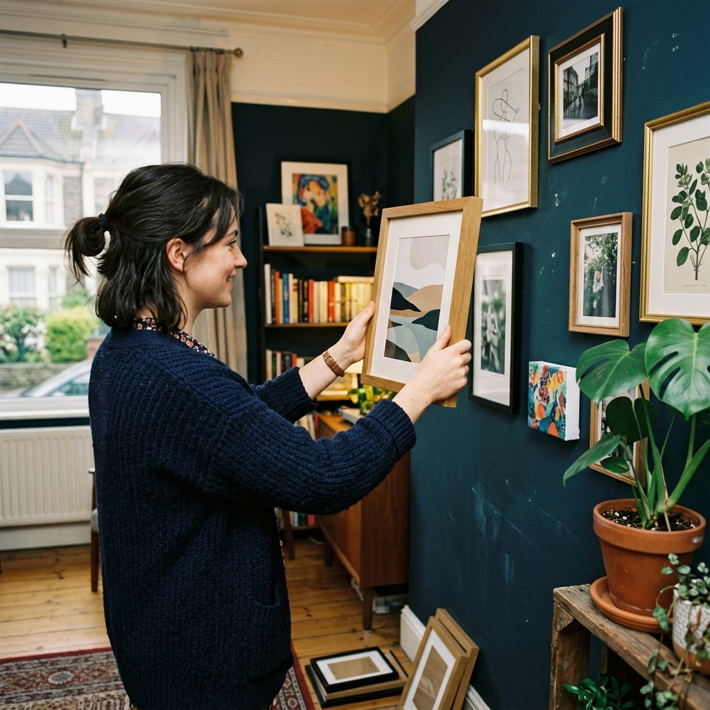 An over-the-shoulder view of a person creating a gallery wall in their home in a UK city like Manchester or Bristol. They are holding up a medium-sized wooden frame to a Farrow & Ball-esque painted wall, deciding on its placement. Other frames and a small square canvas print are already on the wall, creating a stylish, personal display next to a houseplant. The mood is creative and joyful.