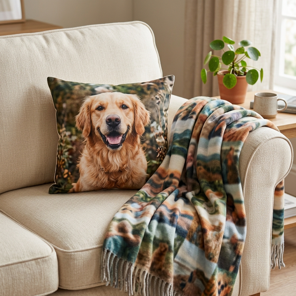 A close-up, beautifully styled shot of the corner of a comfy sofa. A personalised photo cushion with a clear, happy portrait of a golden retriever sits nestled in the corner. A soft, personalised photo blanket with a collage of blurred, colourful images is draped elegantly over the arm of the sofa. The lighting is soft and inviting. No text is visible on any product.