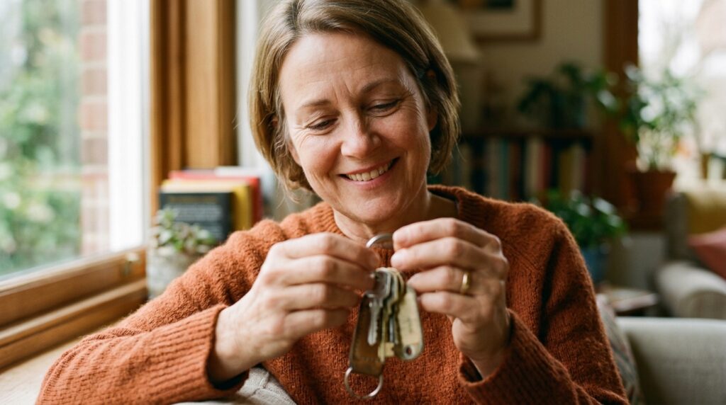 personalised keyrings - A close-up, emotionally warm shot of a person's hands holding a set of house keys. The focus is on their gentle, smiling expression as they look down. The actual keyring is softly blurred, emphasizing the feeling of memory over the object itself. The lighting is soft and natural, like morning light through a window.