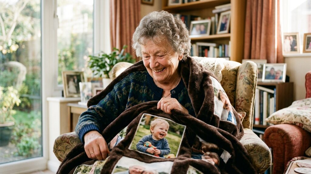 personalised mink blanket - A joyful grandmother with laugh lines around her eyes, sitting in a cosy, sunlit living room in the UK, wrapped snugly in a plush mink photo blanket. She is looking down at a photo on the blanket of her young grandchild and smiling warmly. The focus is on her expression of love and connection.