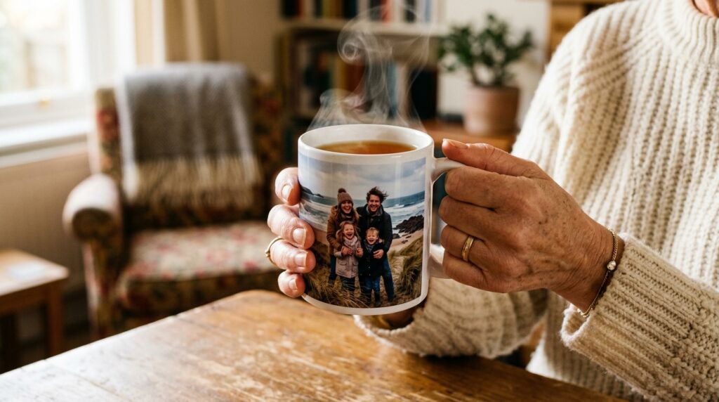 personalised photo mugs - A close-up shot of a woman's hands gently cradling a personalised photo mug. The mug shows a happy, candid photo of a young family laughing on a windy British beach, perhaps in Cornwall or Northumberland. Steam is rising from the mug, suggesting a strong cup of tea. The background is a cosy, soft-focus living room in a British home, with warm morning light.