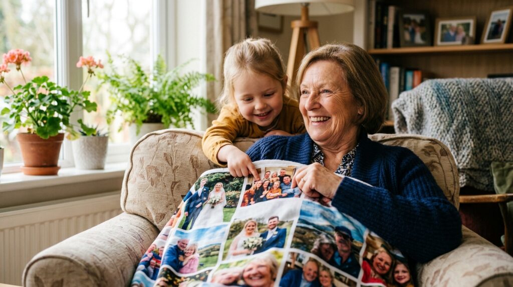 personalised mink blanket - A joyful grandmother with laugh lines around her eyes, sitting in a cosy armchair, wrapped snugly in a personalised photo blanket. A young grandchild is peeking over her shoulder, pointing at a photo on the blanket. The room is warm and filled with soft, natural light. The focus is on the connection and shared memory.