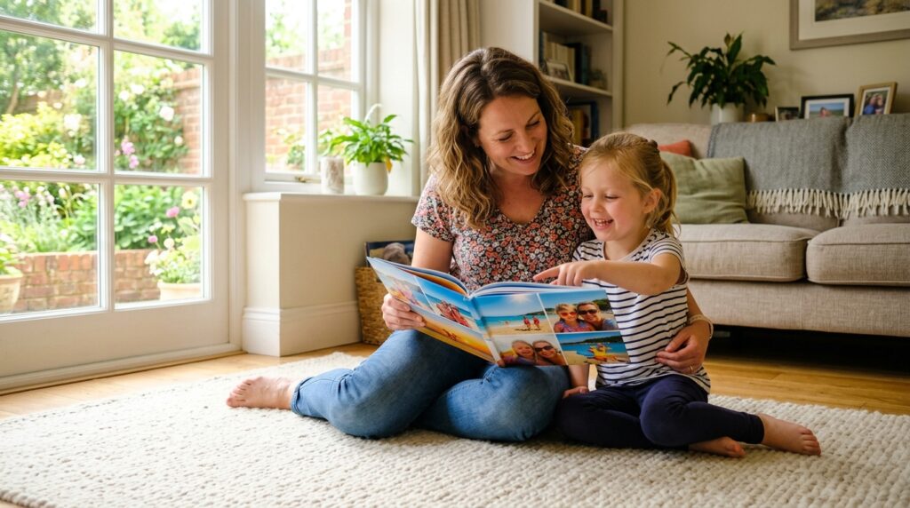what to do with summer holiday photos - A bright, sunlit living room in the UK. A mother and her young child (around 6 years old) are sitting on a soft rug, happily looking through a newly printed photo book filled with vibrant summer holiday pictures. The focus is on their shared joy and connection, with the photo book as the centrepiece. Soft, natural light streams through a nearby window.