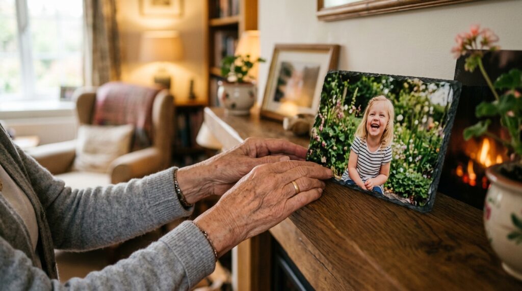 personalised photo slate - A tender close-up shot of a grandparent's gentle hands carefully placing a rectangular photo slate onto a warm oak mantelpiece. The slate displays a vibrant, happy photo of a young child laughing in a garden. The background is a softly blurred, cosy living room with warm lighting. Mood is nostalgic and loving.