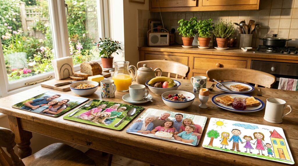 personalised photo gifts for families - A bright, cheerful UK kitchen table set for a family breakfast. Four personalised photo placemats are the centerpiece, each showing a different happy family moment. Sunlight streams through a window, illuminating the scene with a warm, inviting glow. One placemat features a child's colourful drawing.
