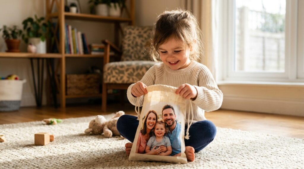 personalised drawstring bags - A young child with a joyful expression sits on a sunlit living room rug, holding open a newly received personalised drawstring bag that features a happy family photo. The focus is on the child's genuine delight and the warmth of the moment.