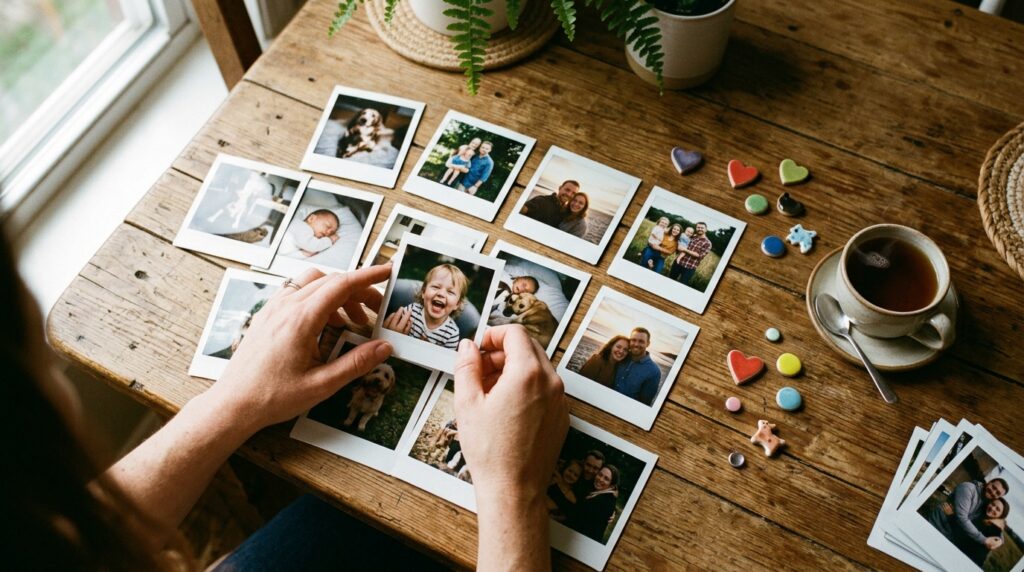 personalised photo magnets - A close-up, warm-toned overhead shot of a pair of hands arranging several Polaroid-style photo prints on a rustic wooden table. The photos show candid family moments: a child laughing, a couple on a beach. Beside the prints are small craft magnets and a cup of tea, suggesting a cosy DIY project. Soft, natural light from a window illuminates the scene.