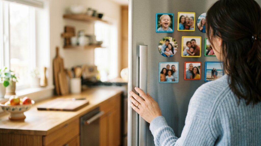 personalised photo fridge magnets - A warm, sunlit modern kitchen with a soft focus. A mother's hand is gently touching the handle of a stainless steel fridge. On the fridge door are a few colourful, generic photo magnets showing blurred but happy family faces. The mood is serene and full of affection.