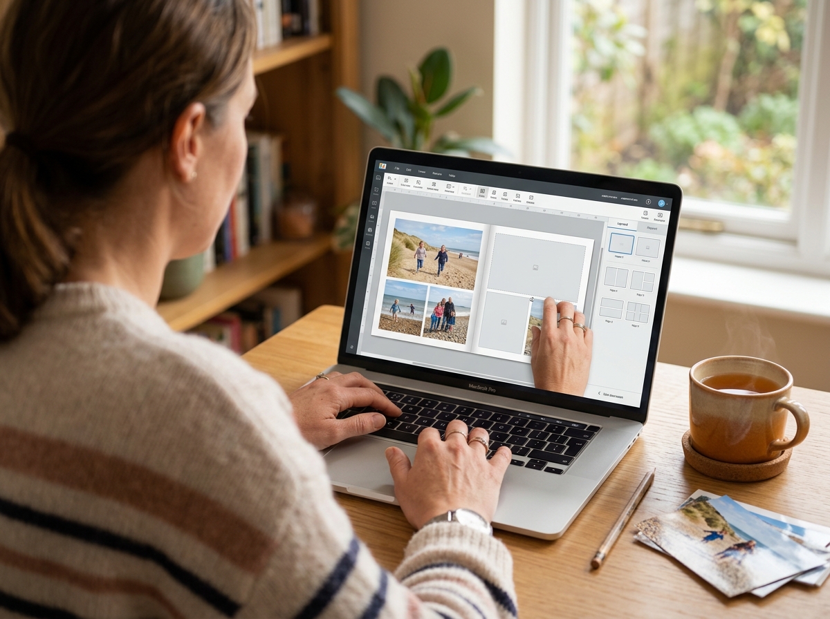 An over-the-shoulder shot of a person's hands using a laptop to design a photo book. On the screen, a user-friendly interface shows a layout with several photo placeholders being filled with family holiday pictures from a UK beach. A comforting cup of tea sits beside the laptop, creating a relaxed, creative atmosphere. No text is legible on the screen.