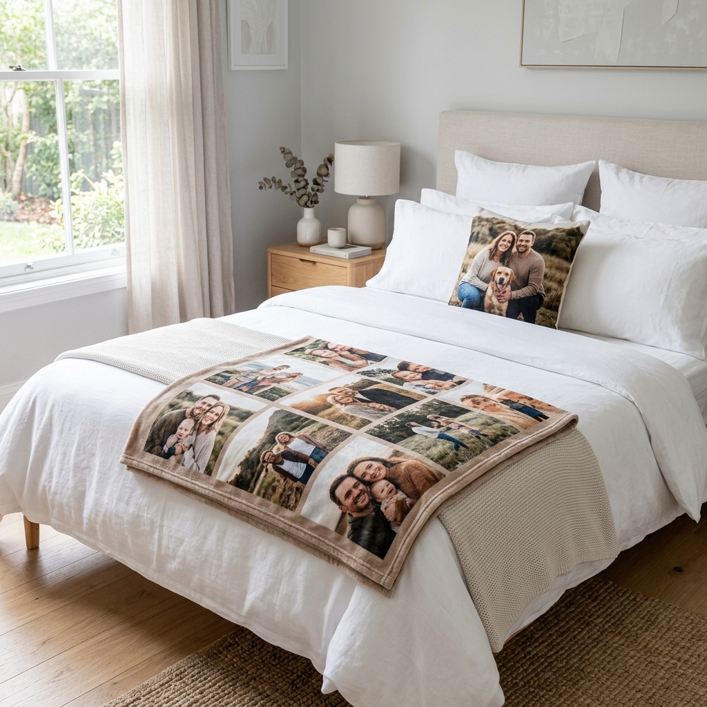 A beautifully styled shot of a mink photo blanket neatly folded at the foot of a bed with crisp white linen. A single matching photo cushion rests against the pillows. The bedroom is bright, modern, and serene, showcasing the blanket as a piece of cherished home decor.