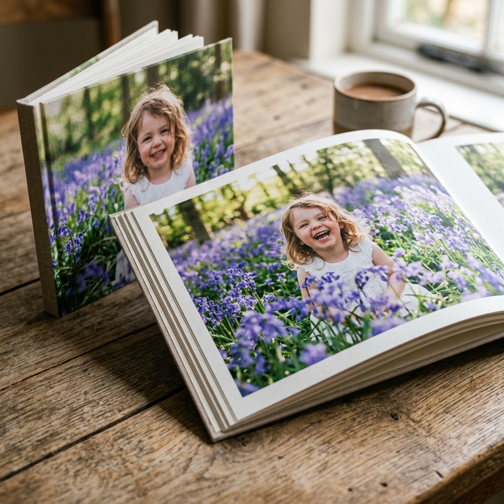 A close-up, artful shot of a finished, professionally printed photo book resting on a rustic wooden table. The book is slightly open, revealing a vibrant, full-page photograph of a child laughing in a field of bluebells. The custom cover is visible but contains no text, only a beautiful image.