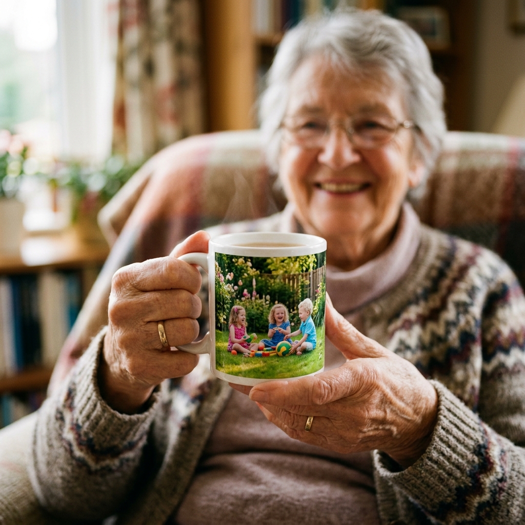 An elderly grandparent's hands are shown holding a personalised photo mug, a warm smile on their face, just out of focus in the background. The mug features a clear, happy photo of their grandchildren playing in a garden. The scene feels warm, intimate, and full of love.