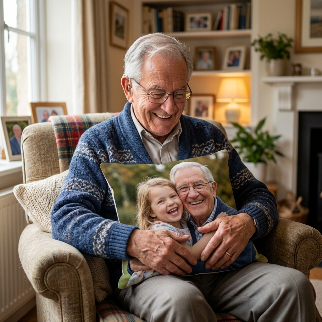 An elderly man with a kind, smiling face is sitting in a comfortable armchair, holding a small, personalised photo cushion on his lap. He is looking down at the cushion with a look of pure delight. The photo on the cushion is of him with his young grandchild. The scene is indoors, with soft, warm lighting.