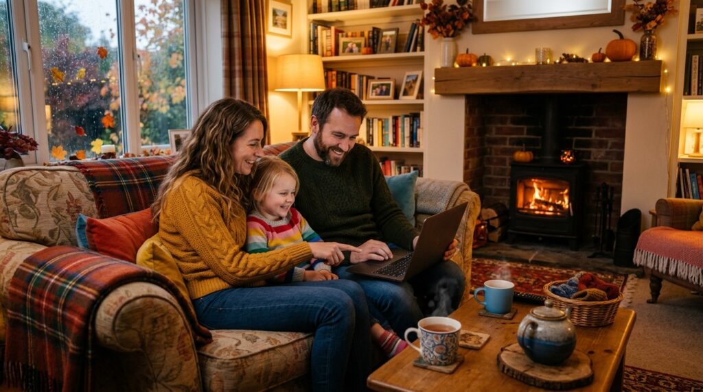 when to order photo calendars for christmas - A warm and cosy living room in the UK during autumn. A mother, father, and their young child are sitting together on a comfortable sofa, smiling as they look at a laptop screen. They are collaboratively choosing photos for a project. A mug of tea sits on the coffee table. The atmosphere is relaxed, happy, and full of family connection.
