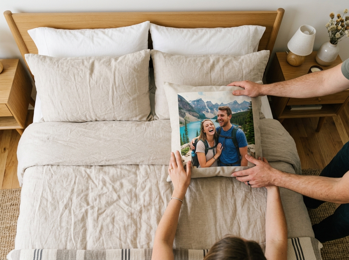 Overhead shot of a young couple's hands as they place a new photo cushion on their modern, neatly made bed. The cushion features a vibrant, happy photo of them on a scenic hike. The image conveys a sense of shared memory and creating a home together.
