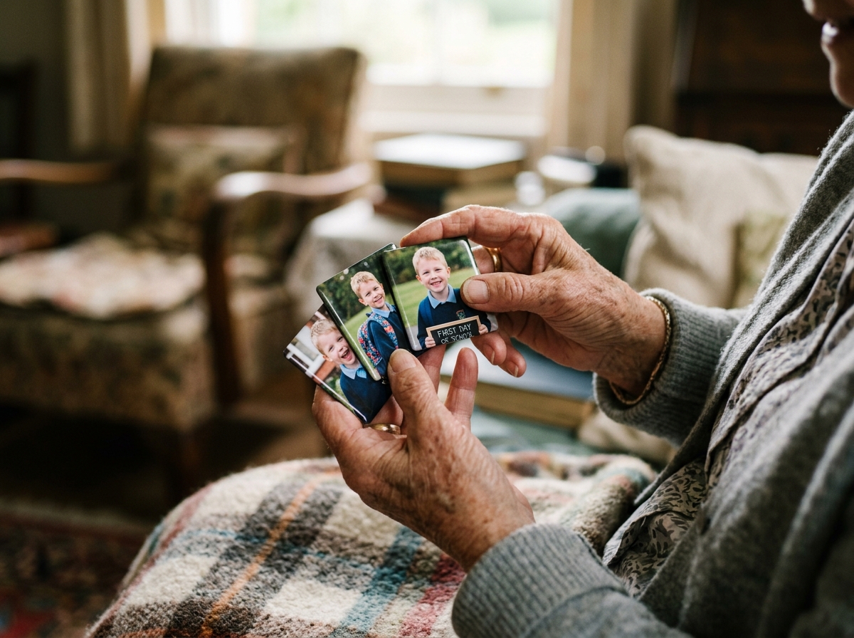 A close-up shot of a grandparent's hands, weathered and gentle, holding and admiring a small stack of three photo magnets. Each magnet shows the same child at different ages on their first day of school. The background is a warm, cosy living room setting, out of focus. The mood is nostalgic and loving.