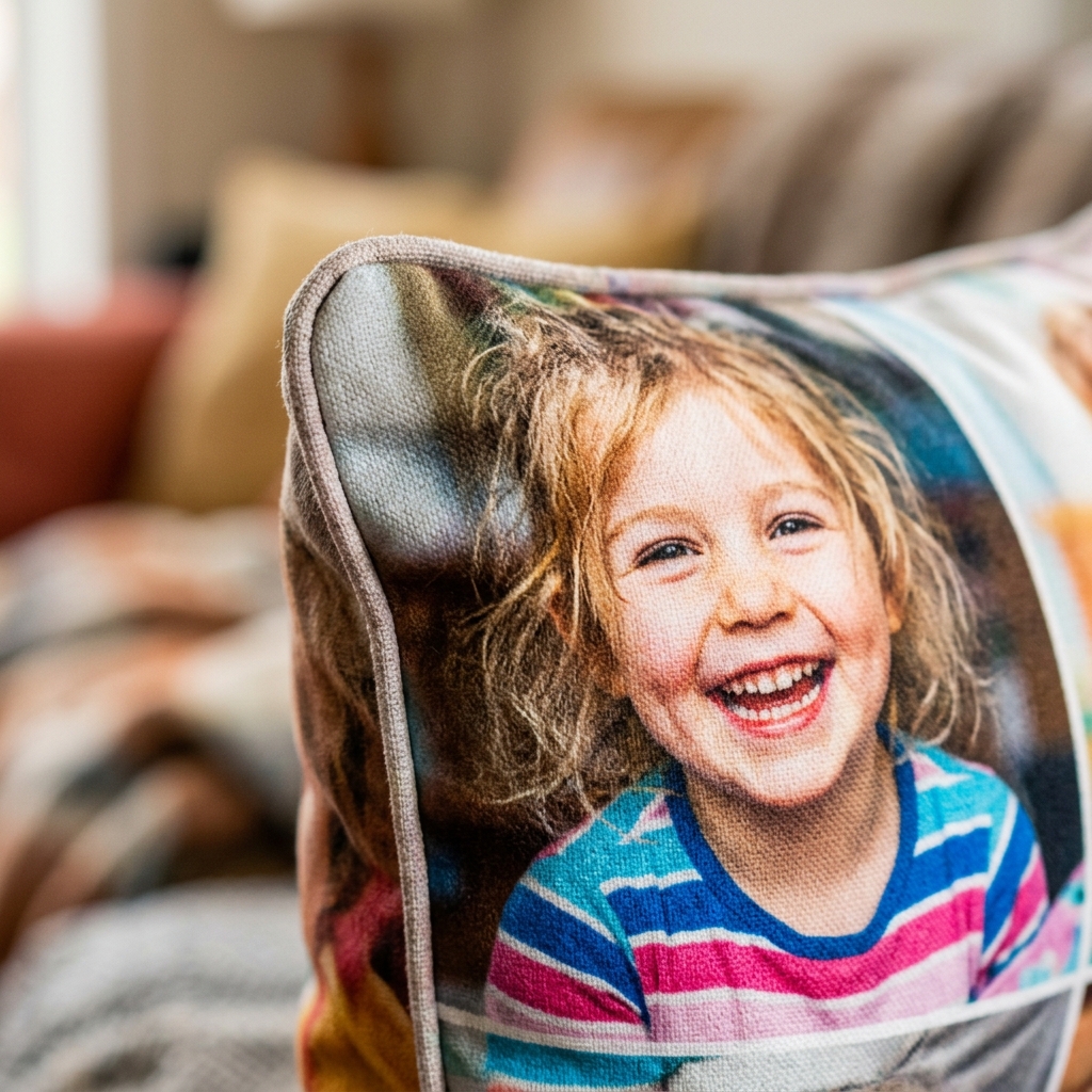A close-up, detailed shot of the corner of a photo cushion, showing the soft fabric texture and the high-quality, colourful print of a child's smiling face. The background is soft and out of focus, emphasizing the quality and feel of the product itself.