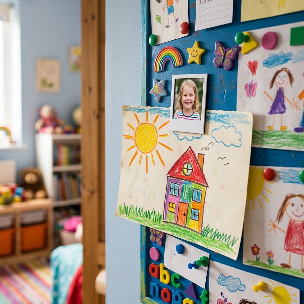 A square, eye-level shot of a colourful magnetic noticeboard in a child's room. A polaroid-style photo magnet of a smiling girl is being used to hold up a vibrant, child-drawn picture of a sun and a house. The focus is on the magnet's practical use in displaying artwork.
