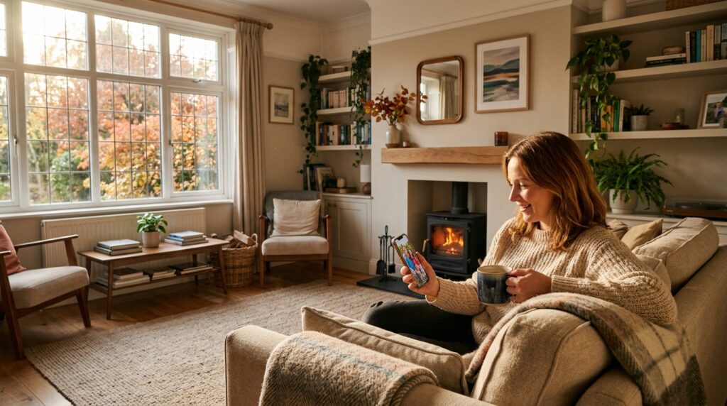 metal prints - A wide shot of a cosy, calm living room in the UK during autumn. A woman in her late 30s sits comfortably on a plush sofa with a mug of tea, smiling as she looks at a family photo on her smartphone. Sunlight streams through the window, illuminating dust motes. The mood is peaceful and contemplative, suggesting thoughtful planning. No Christmas decorations are visible.