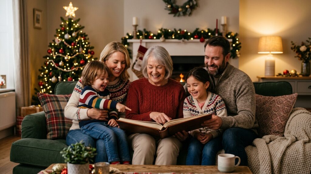 when to order photo gifts for christmas - A happy multi-generational family with young children and a grandparent sitting on a cosy sofa in a living room softly decorated for Christmas. They are joyfully looking through a photo album together. The lighting is warm and gentle, coming from the Christmas tree lights and a nearby lamp, creating a serene atmosphere.