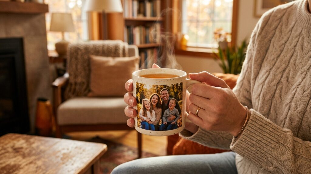 personalised photo mugs - A person's hands are wrapped around a personalised photo mug filled with a steaming beverage. The background is a softly blurred, cosy living room with warm autumnal light. The photo on the mug is a clear, joyful portrait of a smiling family outdoors. The overall mood is calm, warm, and content.