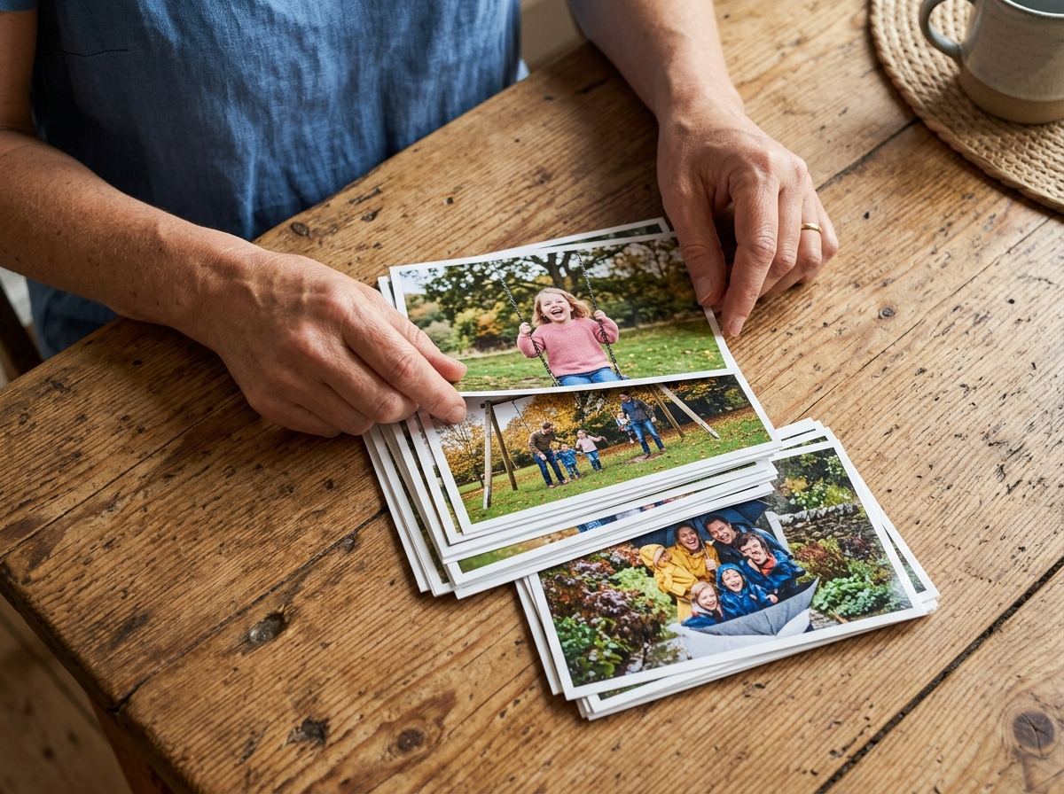 Overhead shot of a person's hands sorting through a small, neat stack of 6x4 photo prints on a rustic wooden dining table, possibly made of reclaimed pine. The photos show candid family moments like playing in a local park with a backdrop of oak trees and laughing during a rainy bank holiday weekend. The lighting is soft and natural, evoking a sense of careful curation and nostalgia.