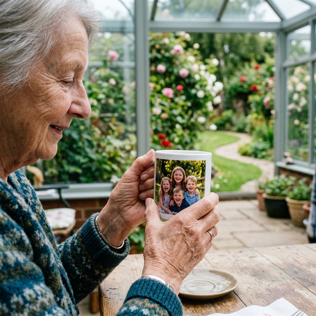 A close-up, side-profile shot of a grandparent's hands holding a white ceramic mug, perhaps in a conservatory overlooking a typical British garden with roses and a lawn. On the mug is a clearly visible, vibrant photo of their smiling grandchildren. The grandparent is looking at the photo on the mug with a gentle, loving expression. The background is soft and out of focus.