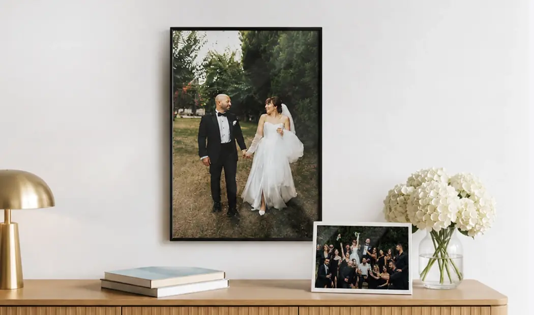 A framed wedding print, for her husband
