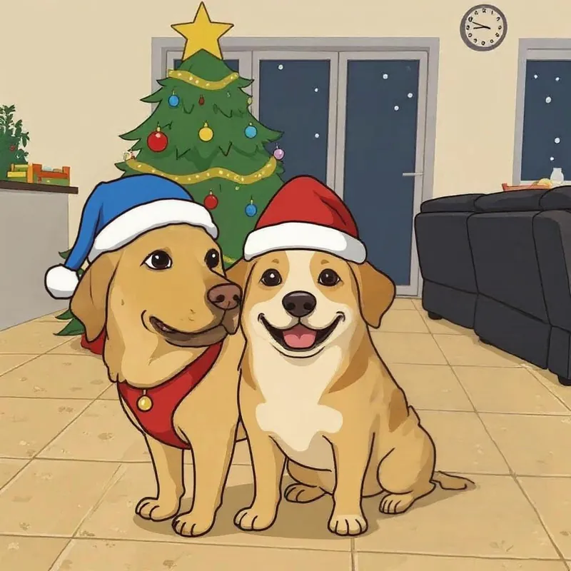 The same illustration with two dogs: the third is gone and one hat is now blue