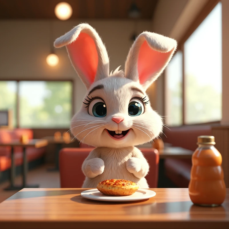 The same rabbit picture, sharp: clear whiskers, eyes and a pastry on the plate