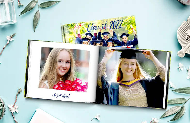 Custom printed Printerpix photo album with hard cover and large photos of graduation