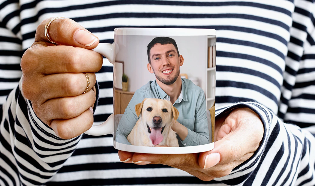Mum and baby holding Printerpix cartoon design custom mug with dad text