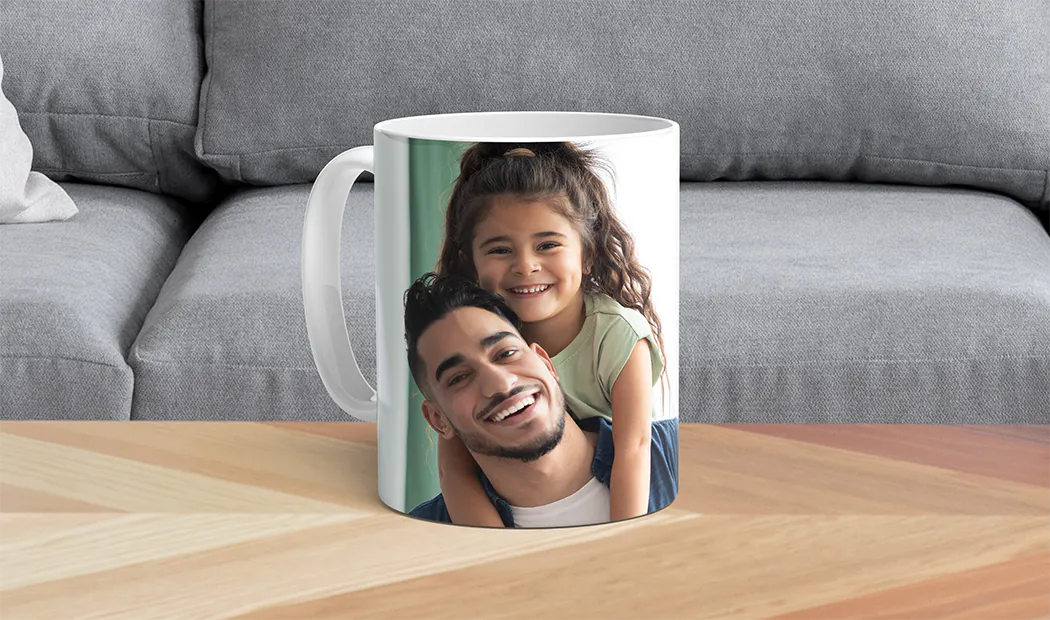 Mum and baby holding Printerpix cartoon design custom mug with dad text