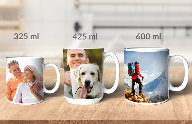 Close up of custom photo mug with a photo collage of family photos and text