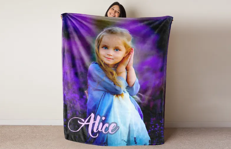 Large photo blanket on double bed with picture of girl photo
