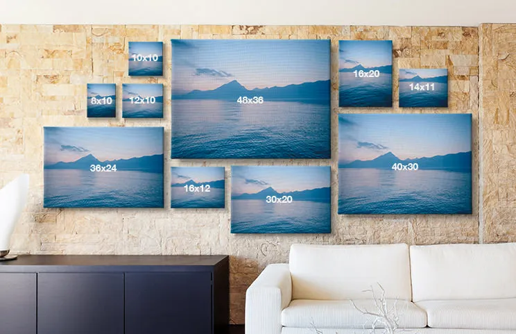 Range of sizes of Printerpix canvas prints on wall